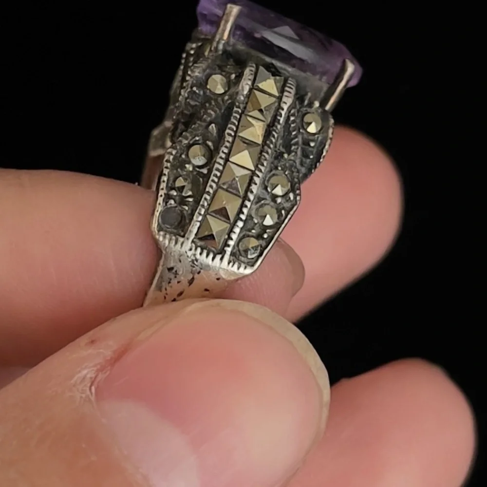 Judith Jack 925 Sterling Silver Amethyst & Marcasite Art Deco Size 6.5 Ring